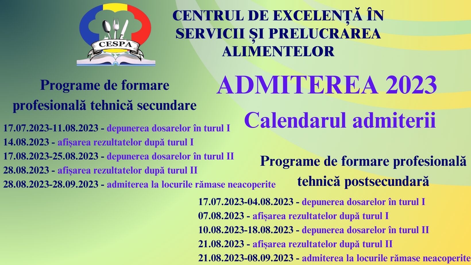 Calendarul admiterii